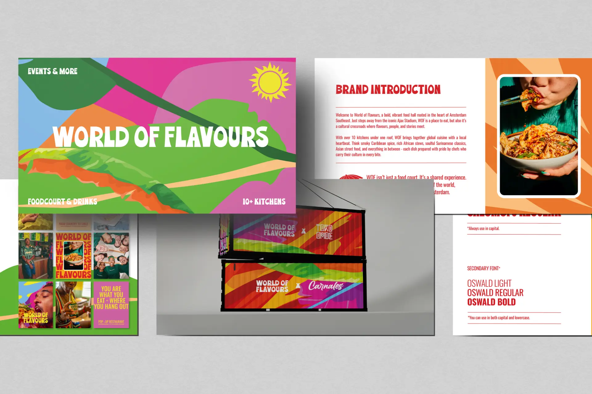 Huisstijl voor World of Flavours: kleurrijke draagvlakken op bordspreads, containers en brand introduction