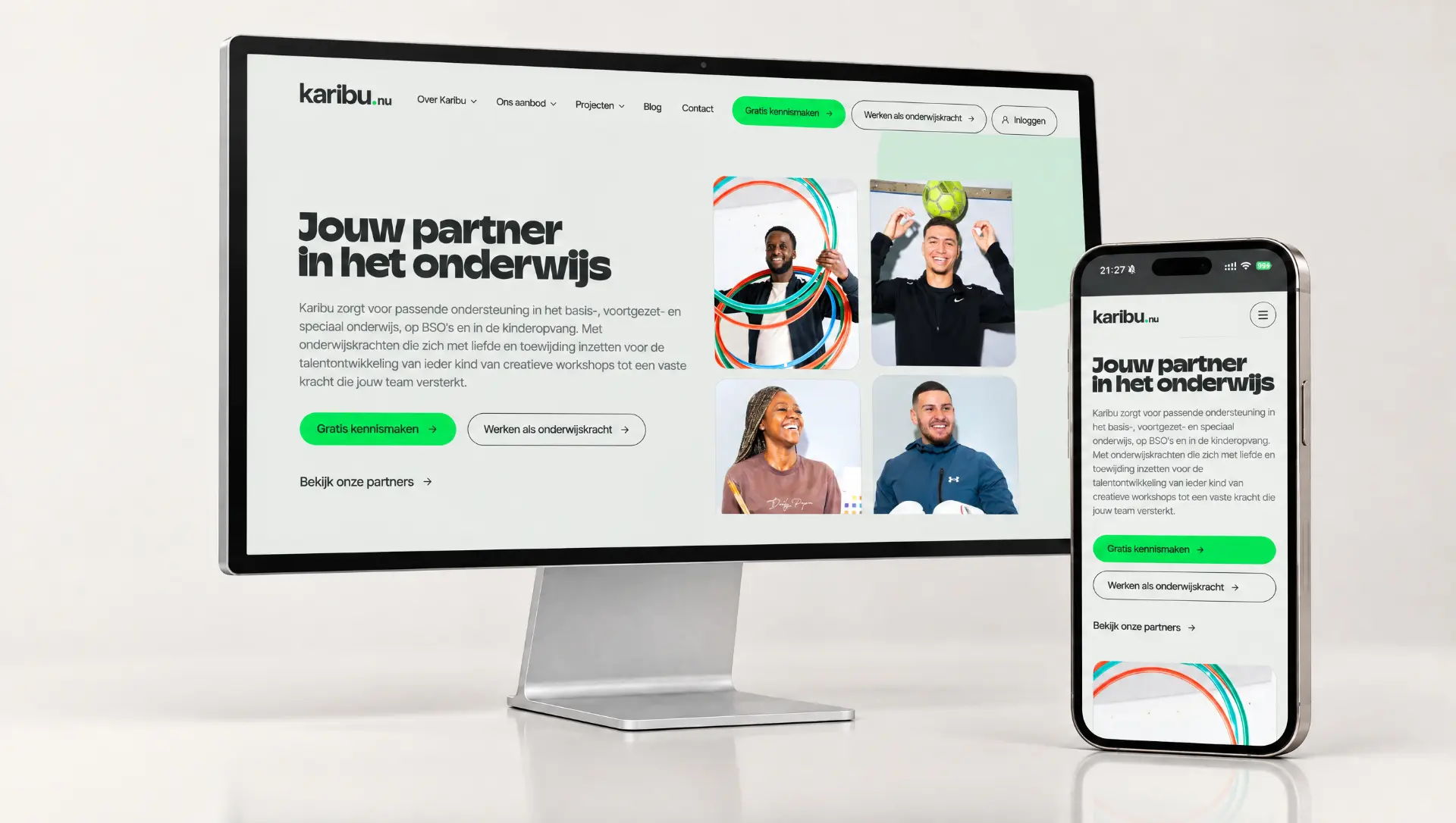 De website van Karibu op een desktop- en een mobiel scherm naast elkaar.