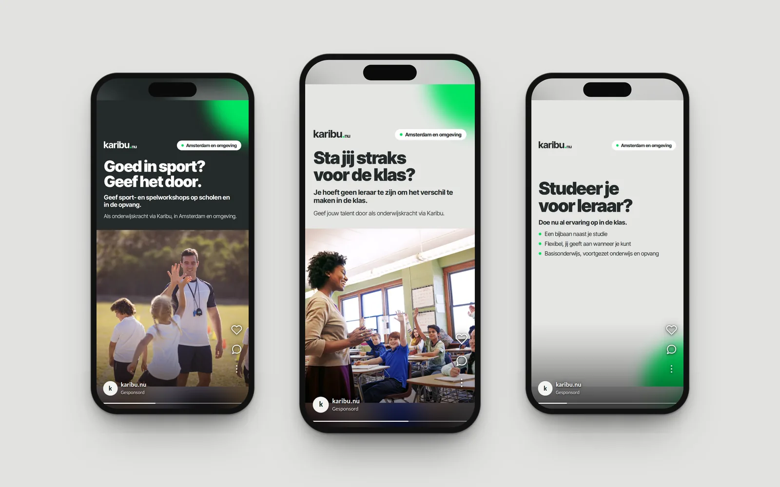 Drie advertenties voor Karibu zoals mensen ze in Facebook en Instagram zagen: goed in sport, sta jij straks voor de klas, en studeer je voor leraar