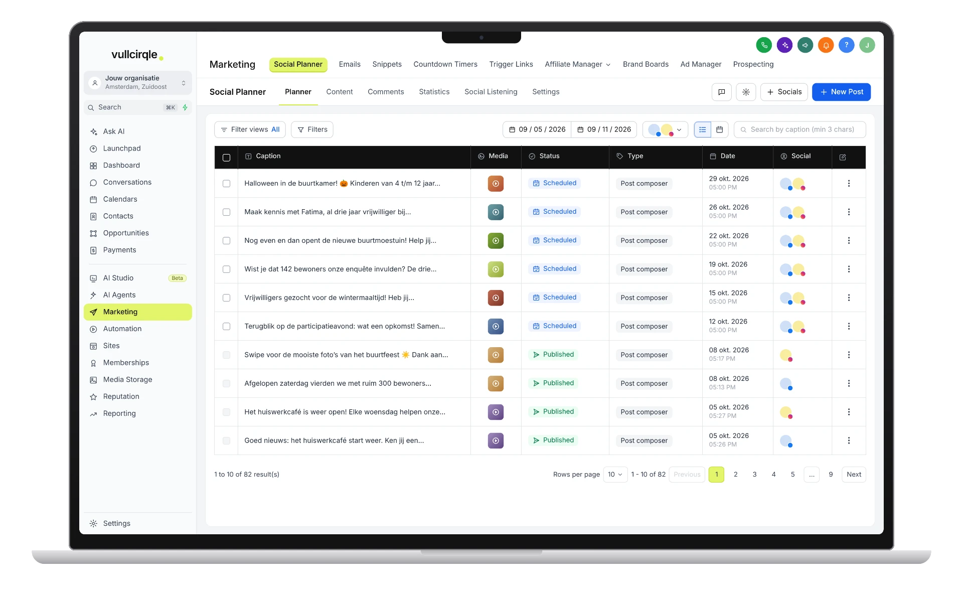 Social Planner in het marketingdashboard: een planning van socialmediaberichten per datum en kanaal