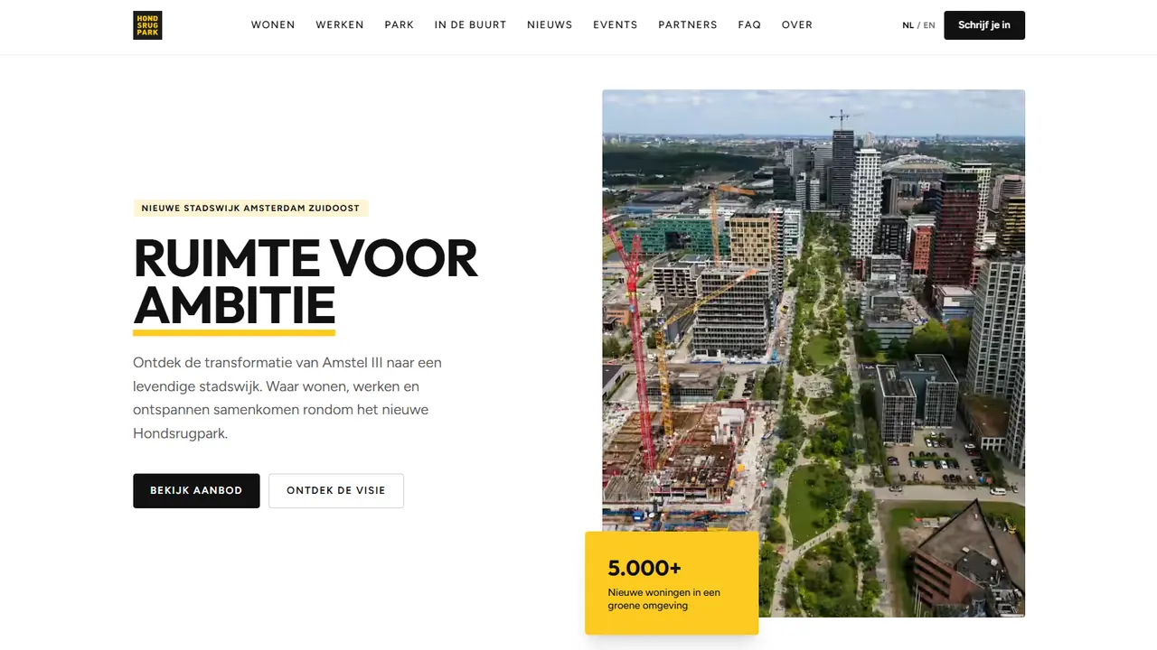 De website van Hondsrugpark, met het logo en een foto van het gebied.
