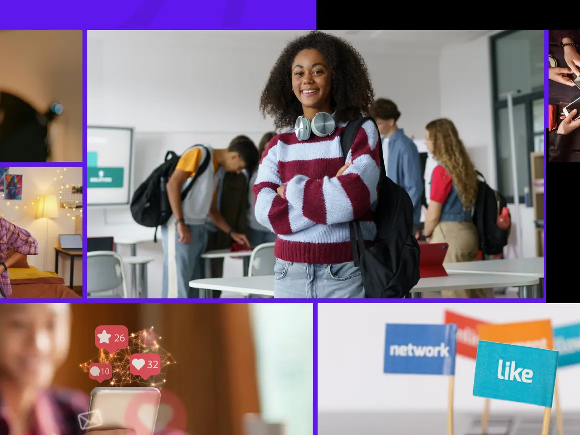 Fotoraster uit de huisstijl van Mind Over Media met beelden van jongeren, een klaslokaal en telefoons