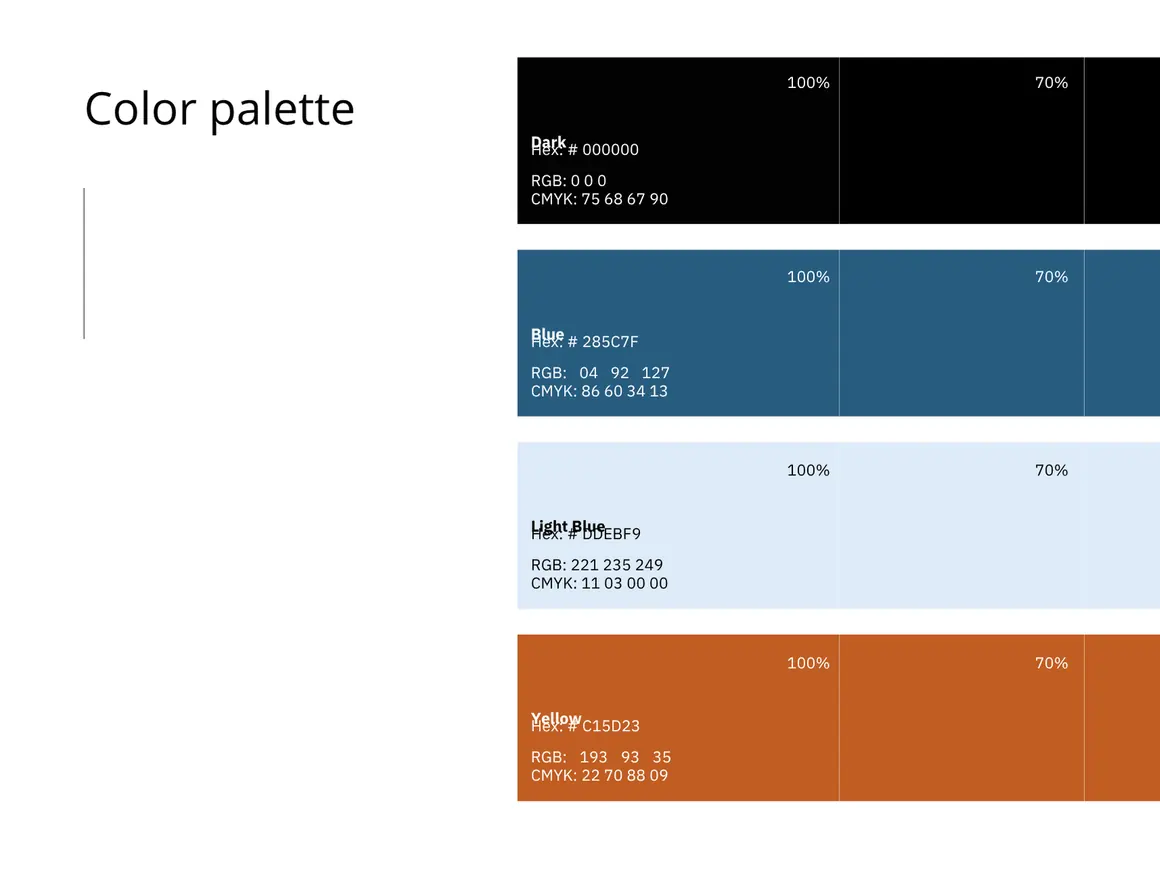 Pagina met het kleurpalet van Maya Letselschade, met RGB- en CMYK-codes en percentages per kleur