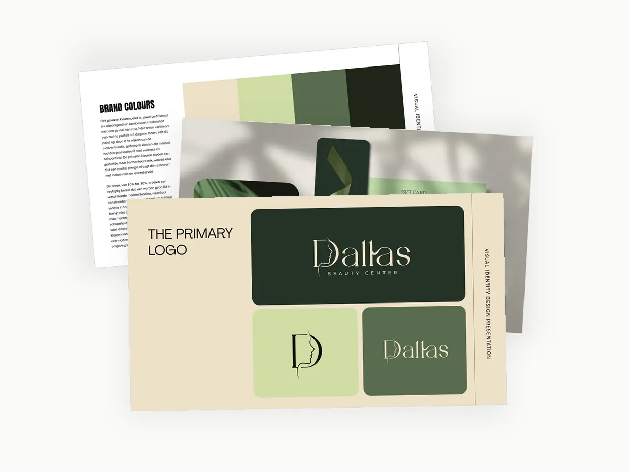 Drie pagina's uit de huisstijlgids van Dallas Beauty Center: kleuren, toepassingen en het primaire logo